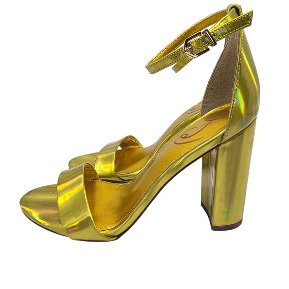 Holographic Sam Edelman Yaro Gold Ankle Strap Block Heel Sandals Womens US 7.5M - Picture 2 of 6